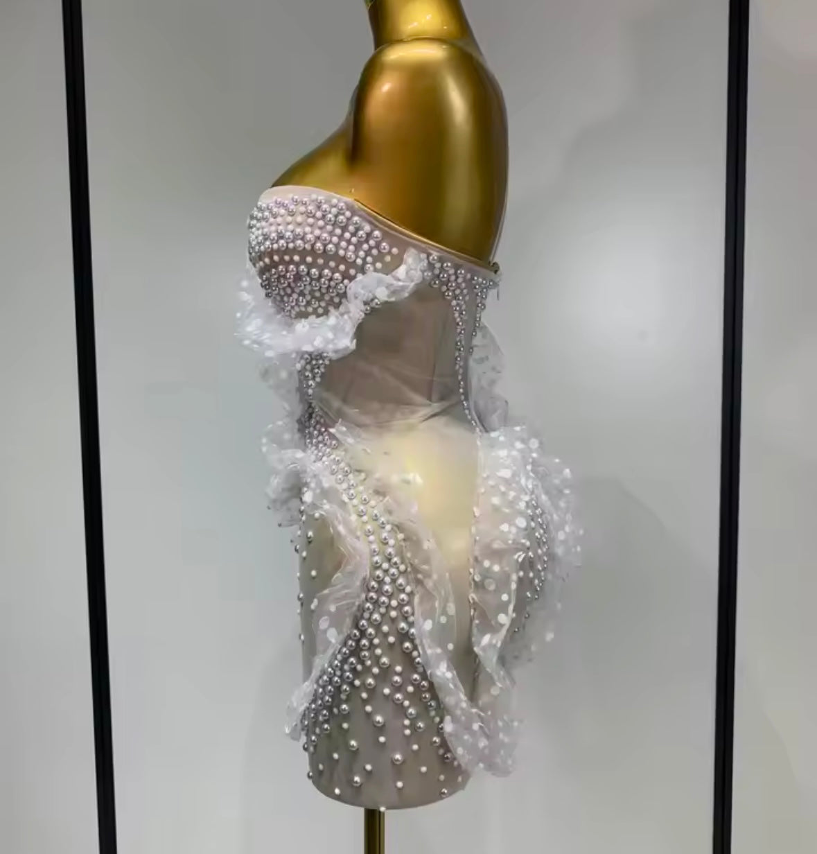 White Strapless Sexy Pearl Ruffle See Through Dress