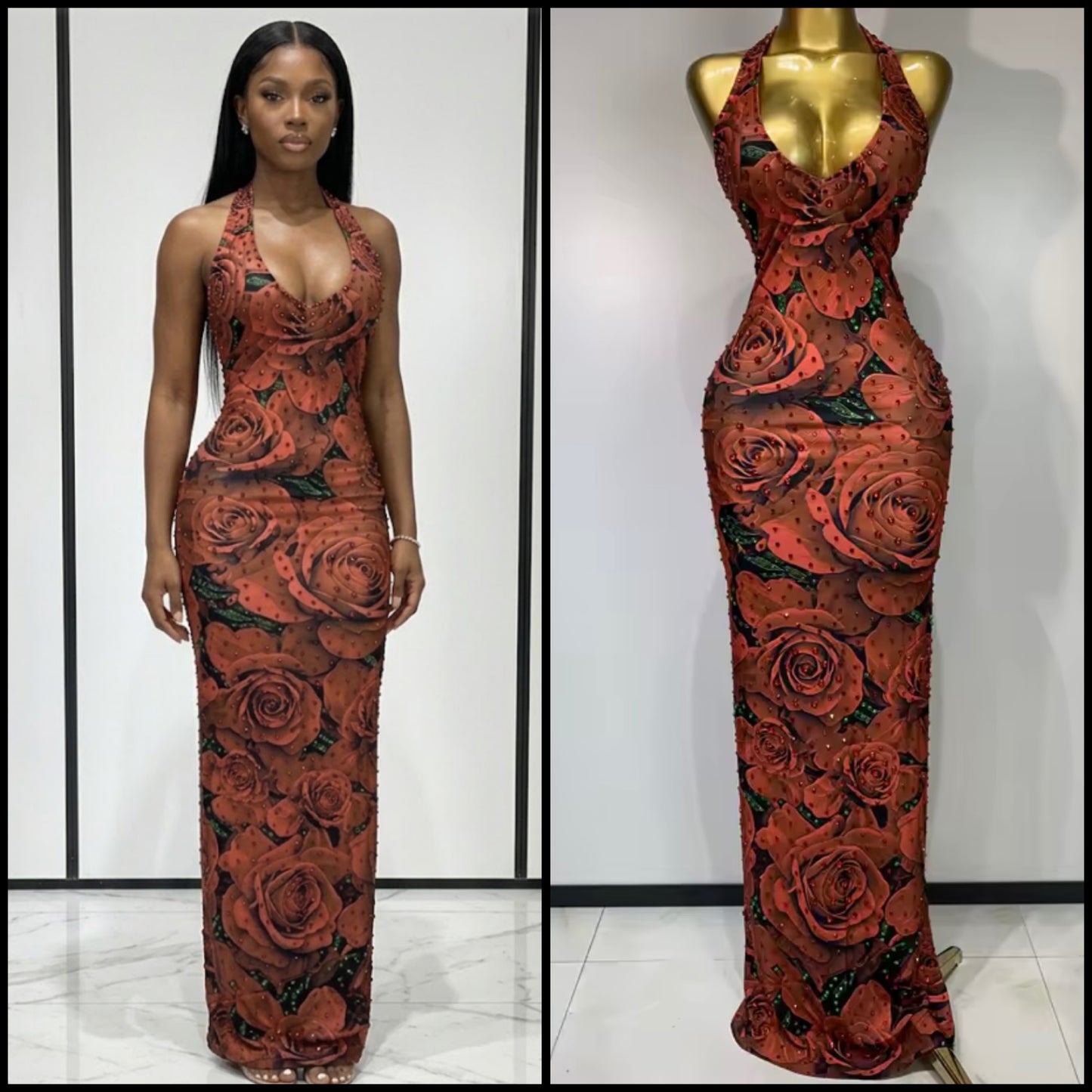 Sexy Halter Sleeveless Floral Rhinestone Maxi Dress