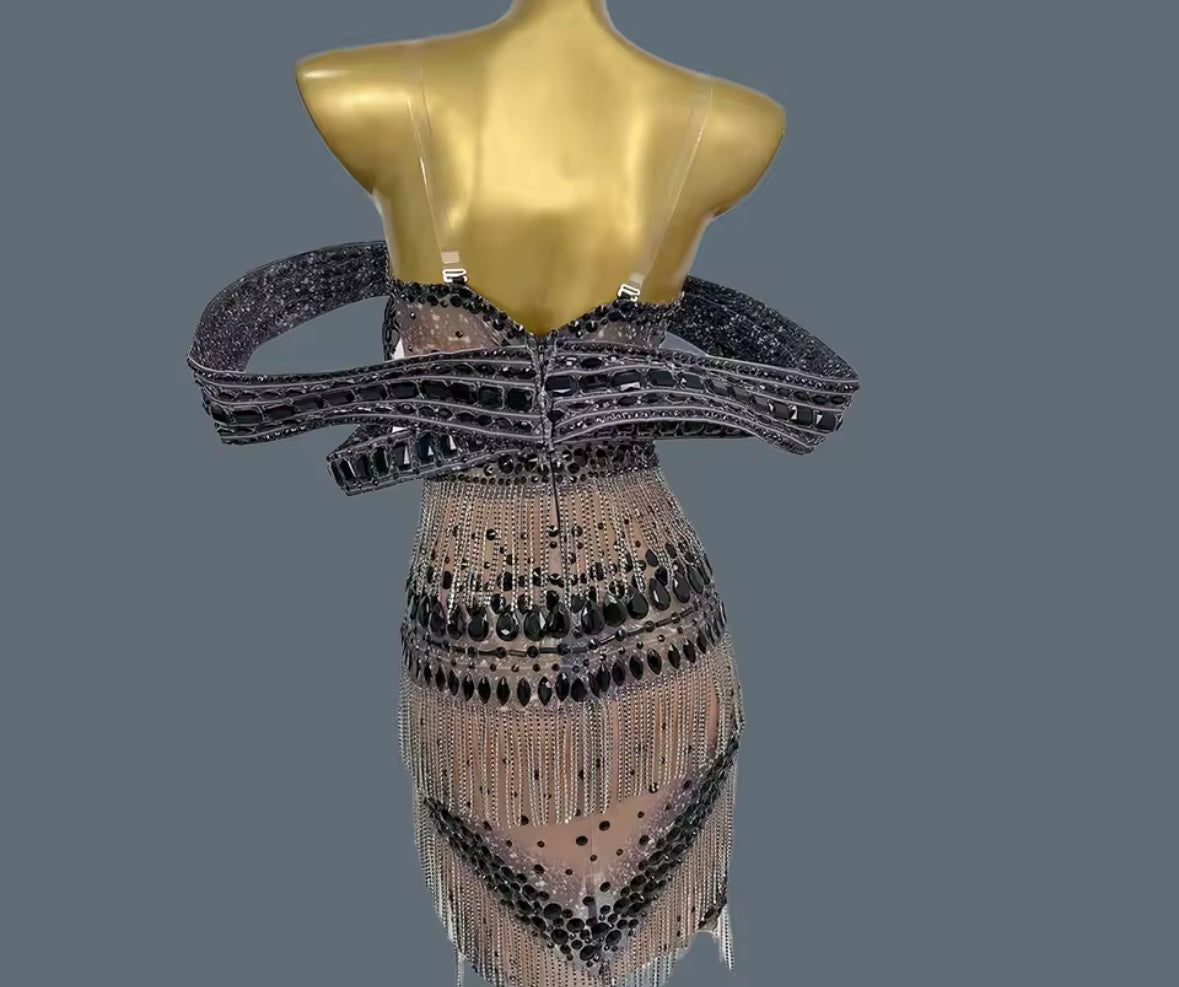 Elegant Beaded Rhinestone Tassel Dress