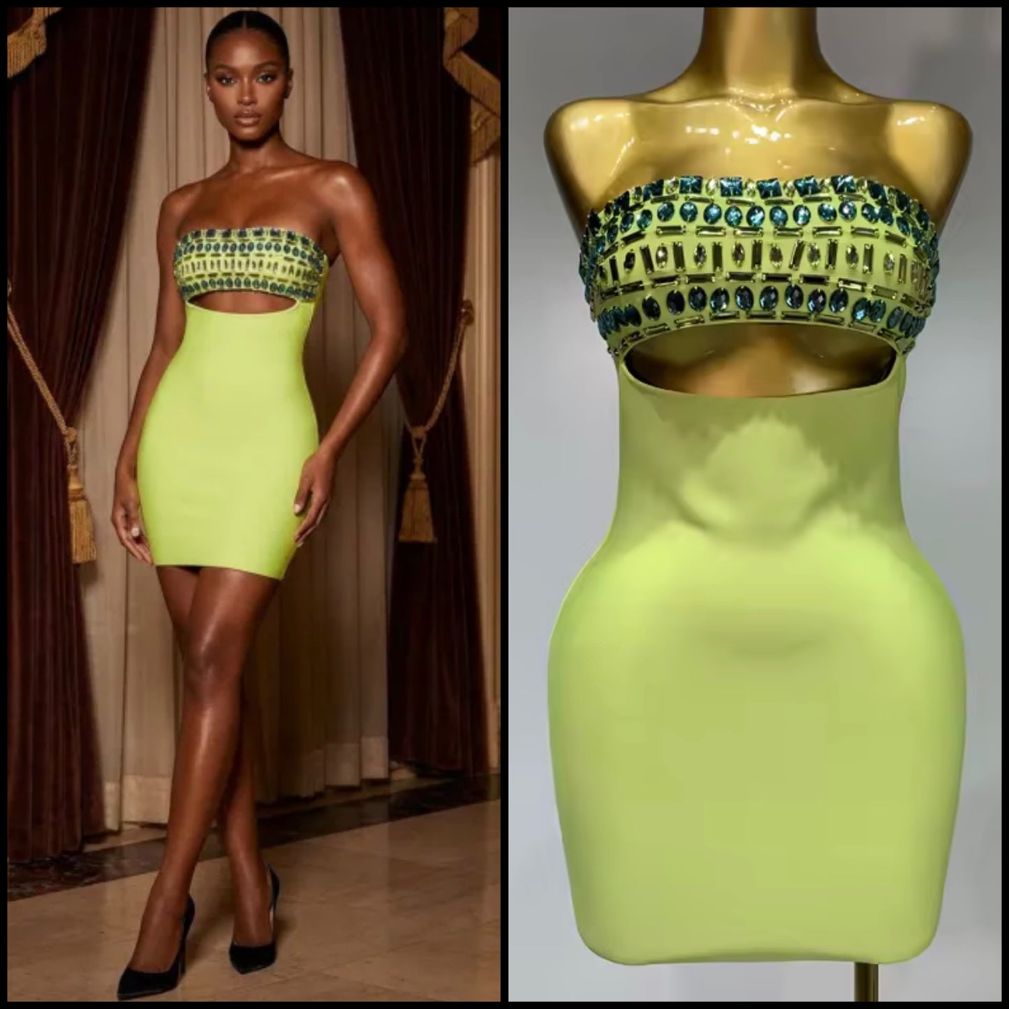 Sexy Green Strapless Crystal Hollow Out Dress