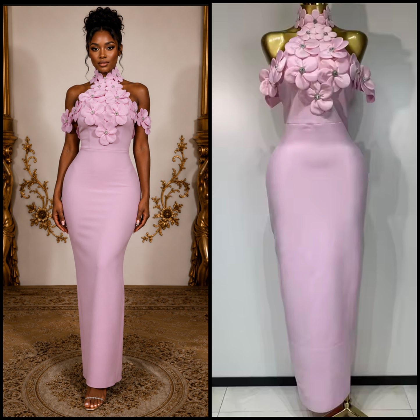 Elegant Pink Floral Rhinestone Sleeveless Maxi Dress