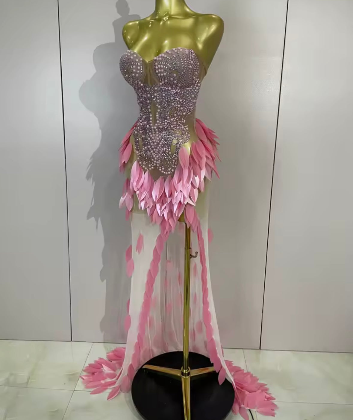 Sexy Sequins Pearl Rhinestone Strapless Side Split Maxi Dress