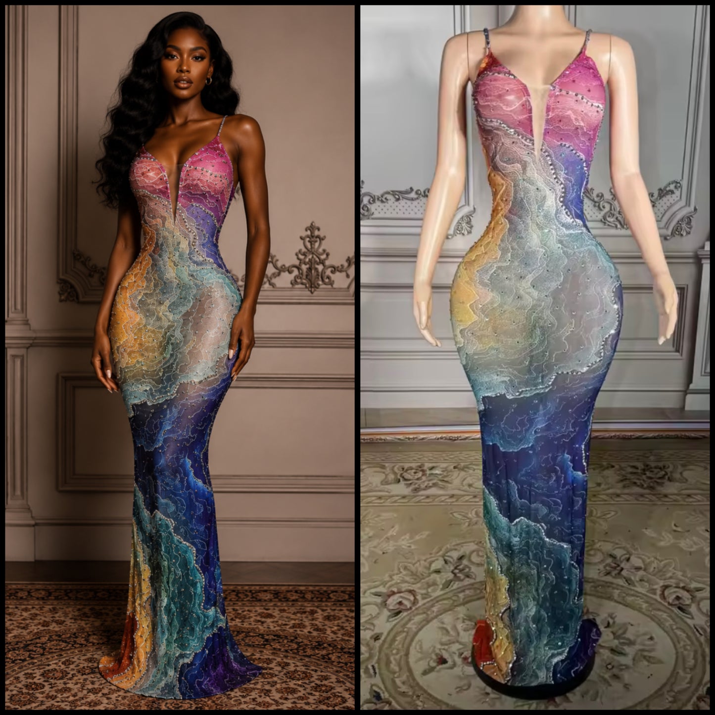 Sexy Sleeveless Multicolored Rhinestone See Through Maxi Dress