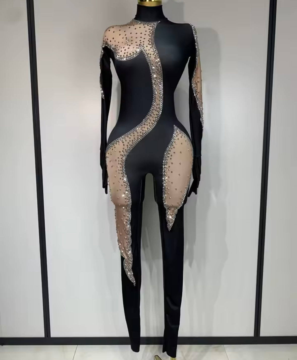 Sexy Black Rhinestone Mesh Full Sleeve Jumpsuit