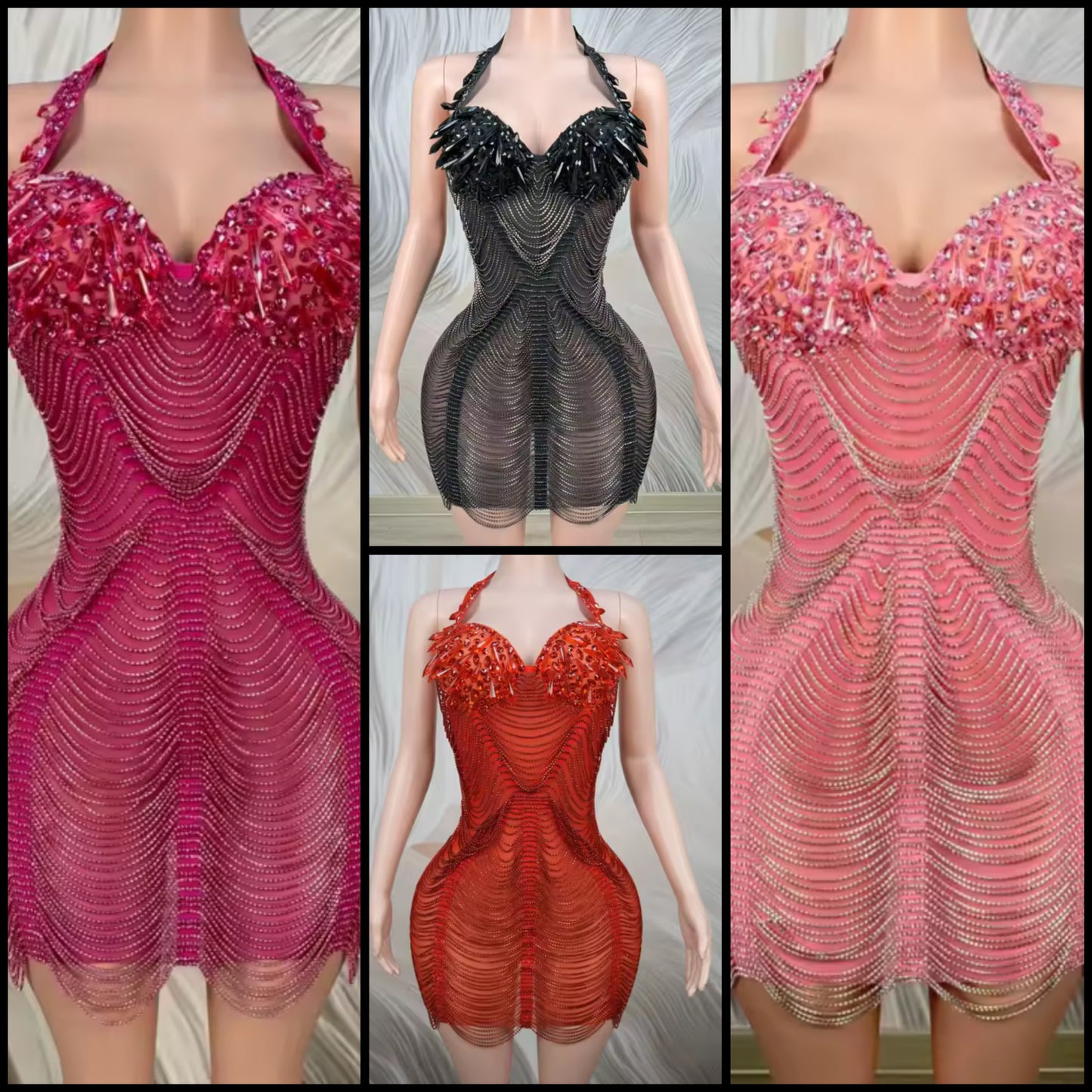Sexy Halter Sleeveless Rhinestone Fringe Chain Dress
