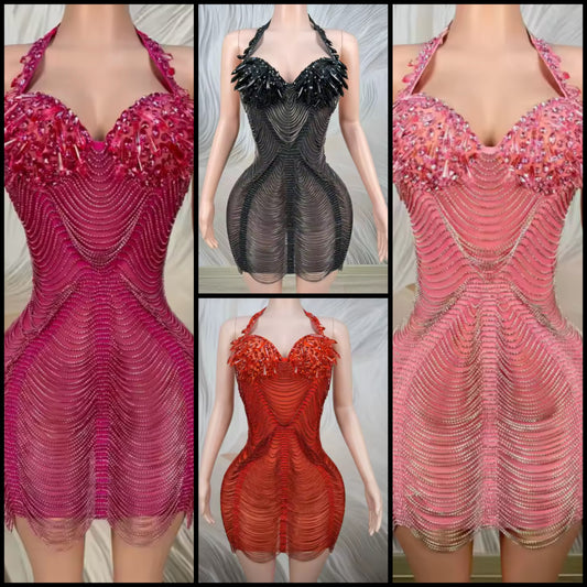 Sexy Halter Sleeveless Rhinestone Fringe Chain Dress
