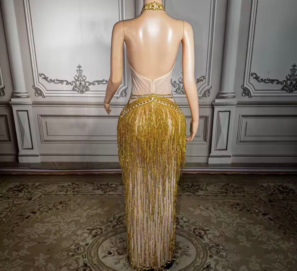 Gold Sexy Halter Sleeveless Rhinestone Fringe Tassel Maxi Dress