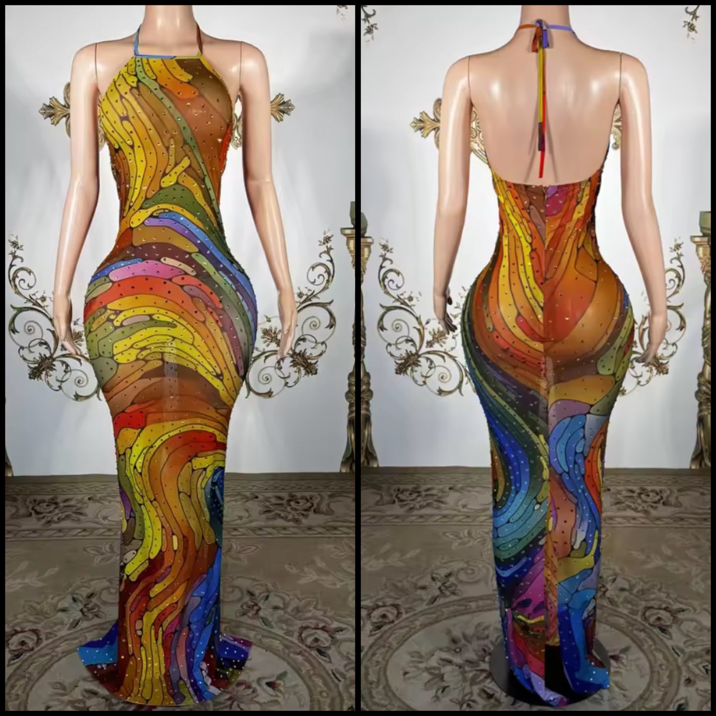 Sexy Halter Sleeveless Multicolor Print Rhinestone Maxi Dress