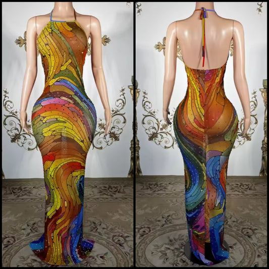 Sexy Halter Sleeveless Multicolor Print Rhinestone Maxi Dress
