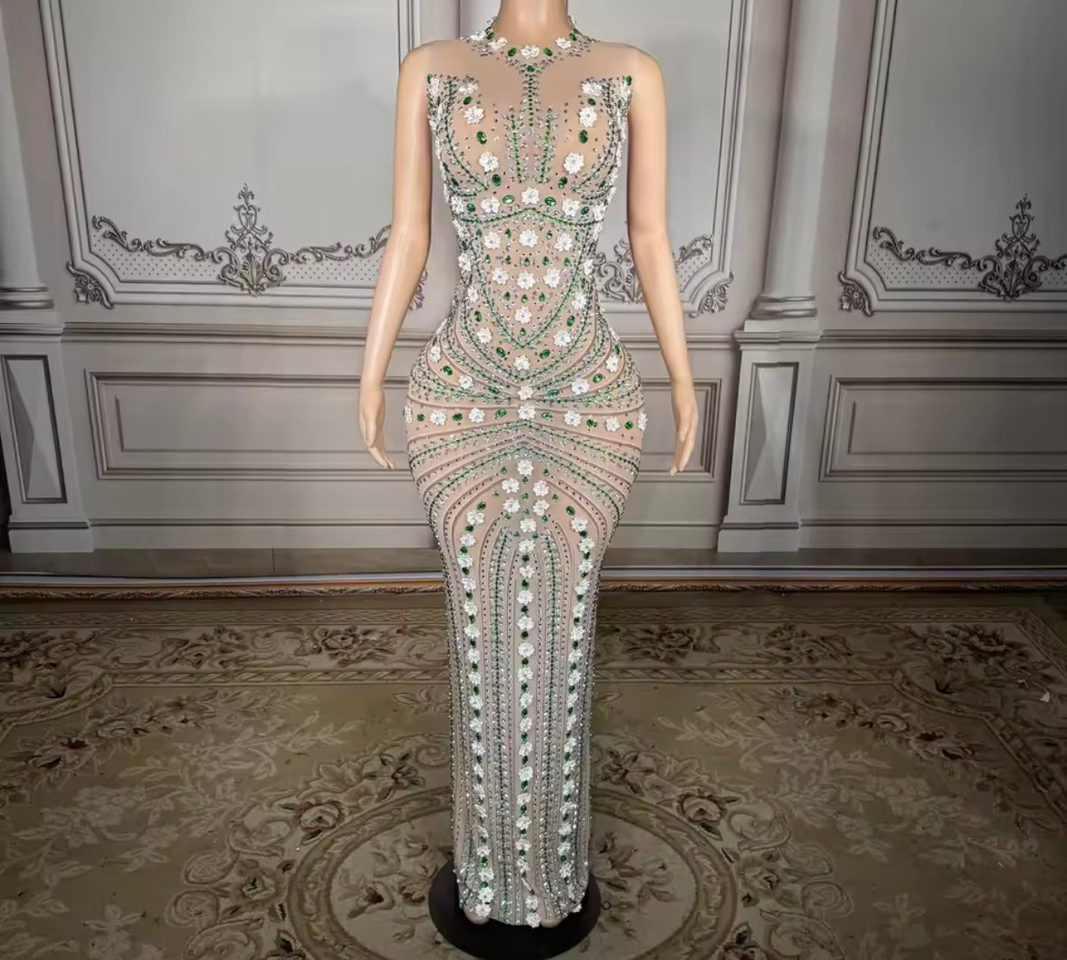 Sexy Sleeveless Floral Rhinestone Embellishment Maxi Dress