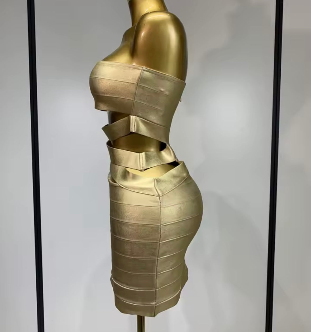 Gold Strapless Hollow Out Sexy Bandage Dress