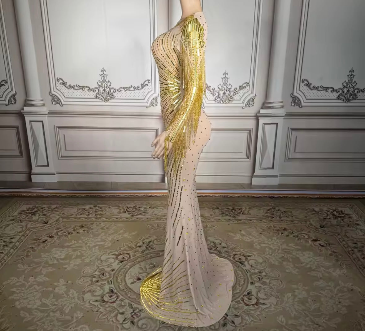 Rhinestone Embellishment Full Sleeve See Through Maxi Dress