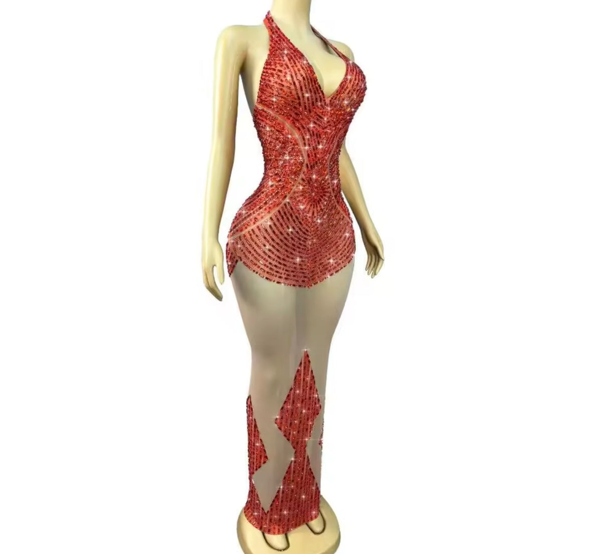 Sexy Halter Sleeveless Rhinestone See Through Maxi Dress
