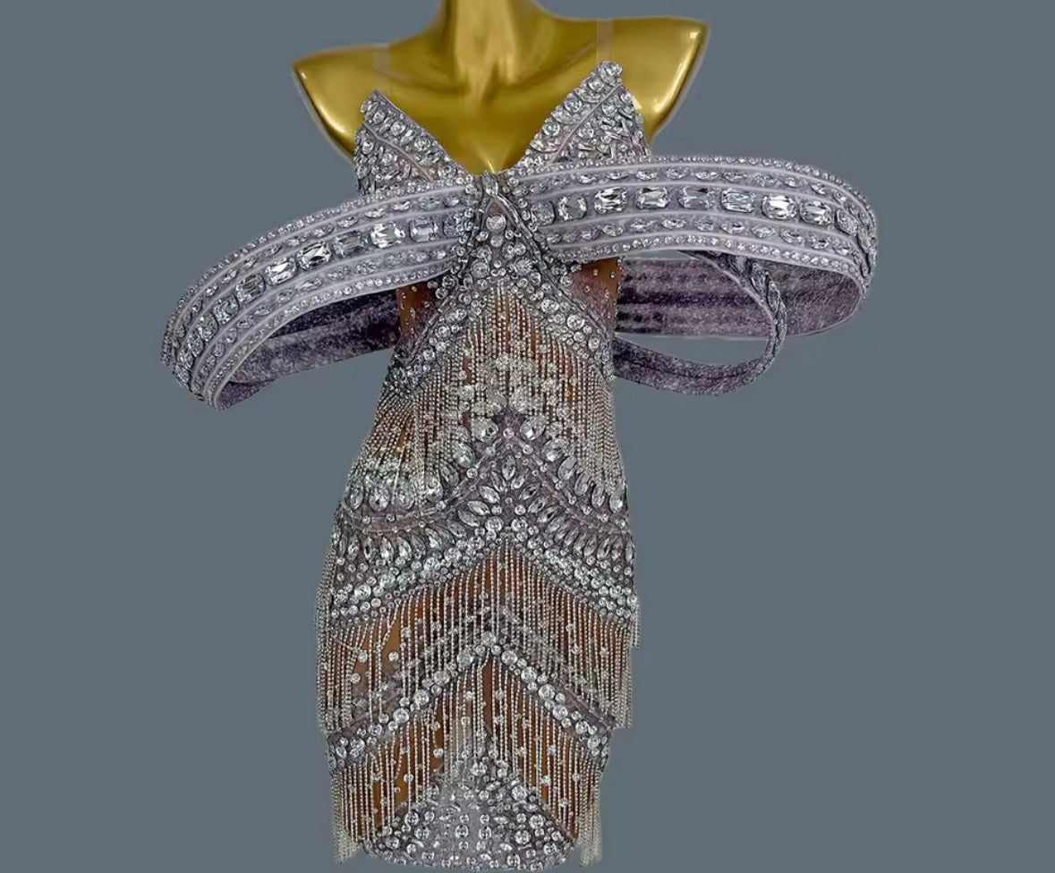 Elegant Beaded Rhinestone Tassel Dress
