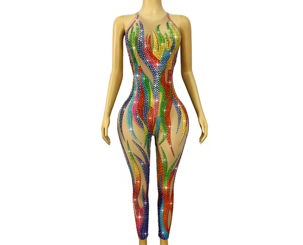 Sexy Sleeveless Multicolored Print Rhinestone See Through Jumpsuit