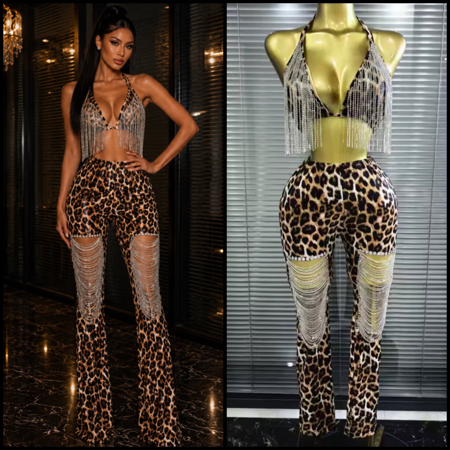 Sexy Halter Sleeveless Leopard Rhinestone Tassel Pant Set