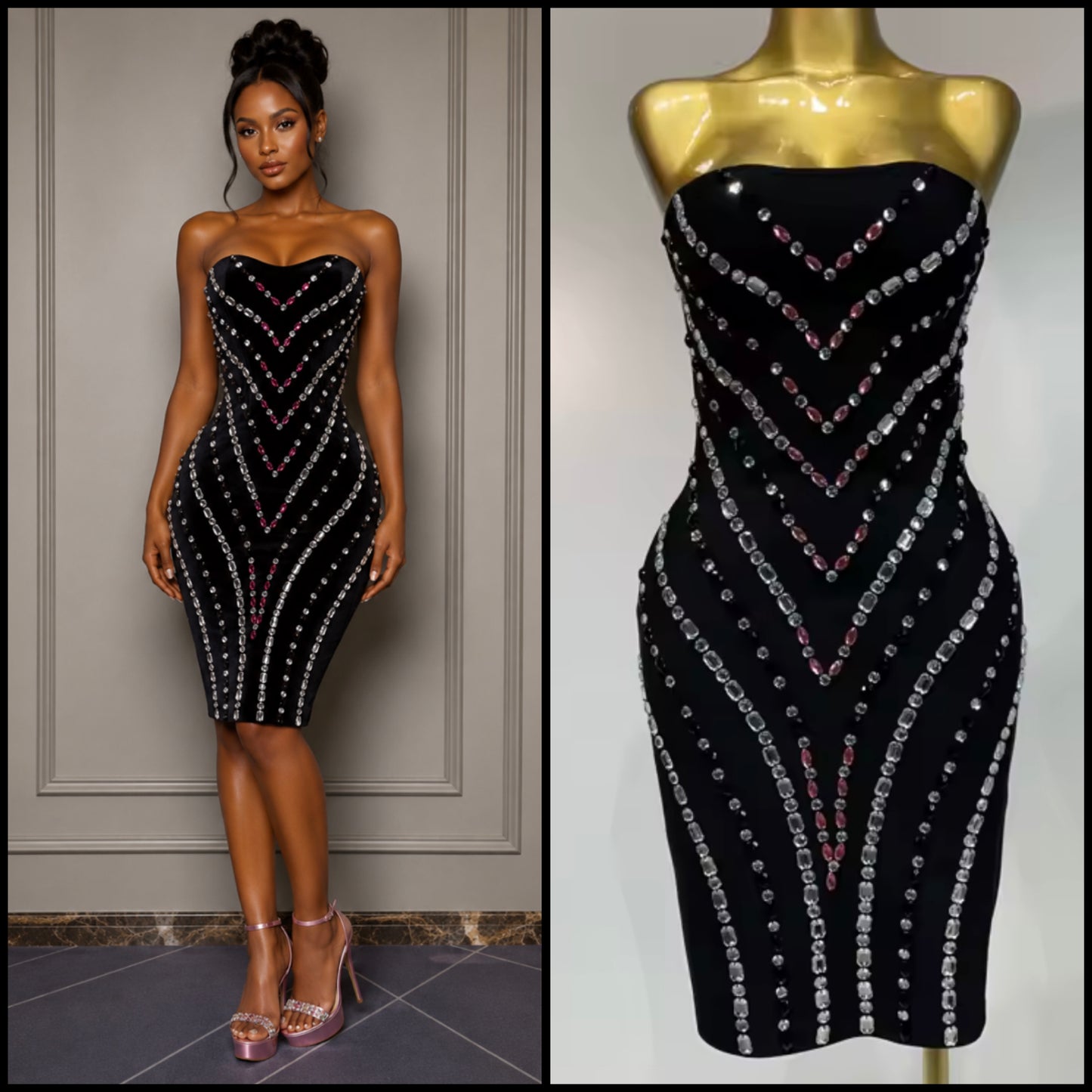 Sexy Black Strapless Rhinestone Embellishment Bandage Dress
