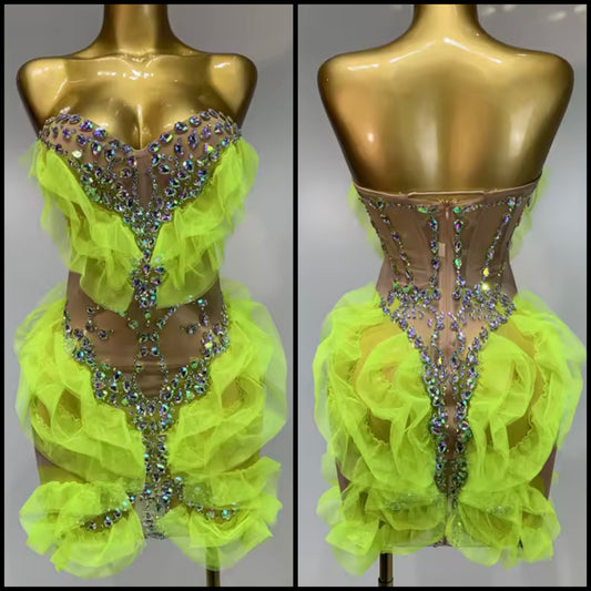 Sexy Strapless Rhinestone Ruffle See Through Dress
