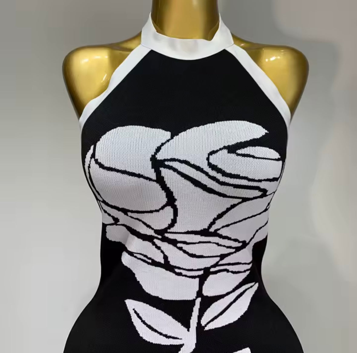 B&W Floral Print Halter Sleeveless Back Zipper Dress