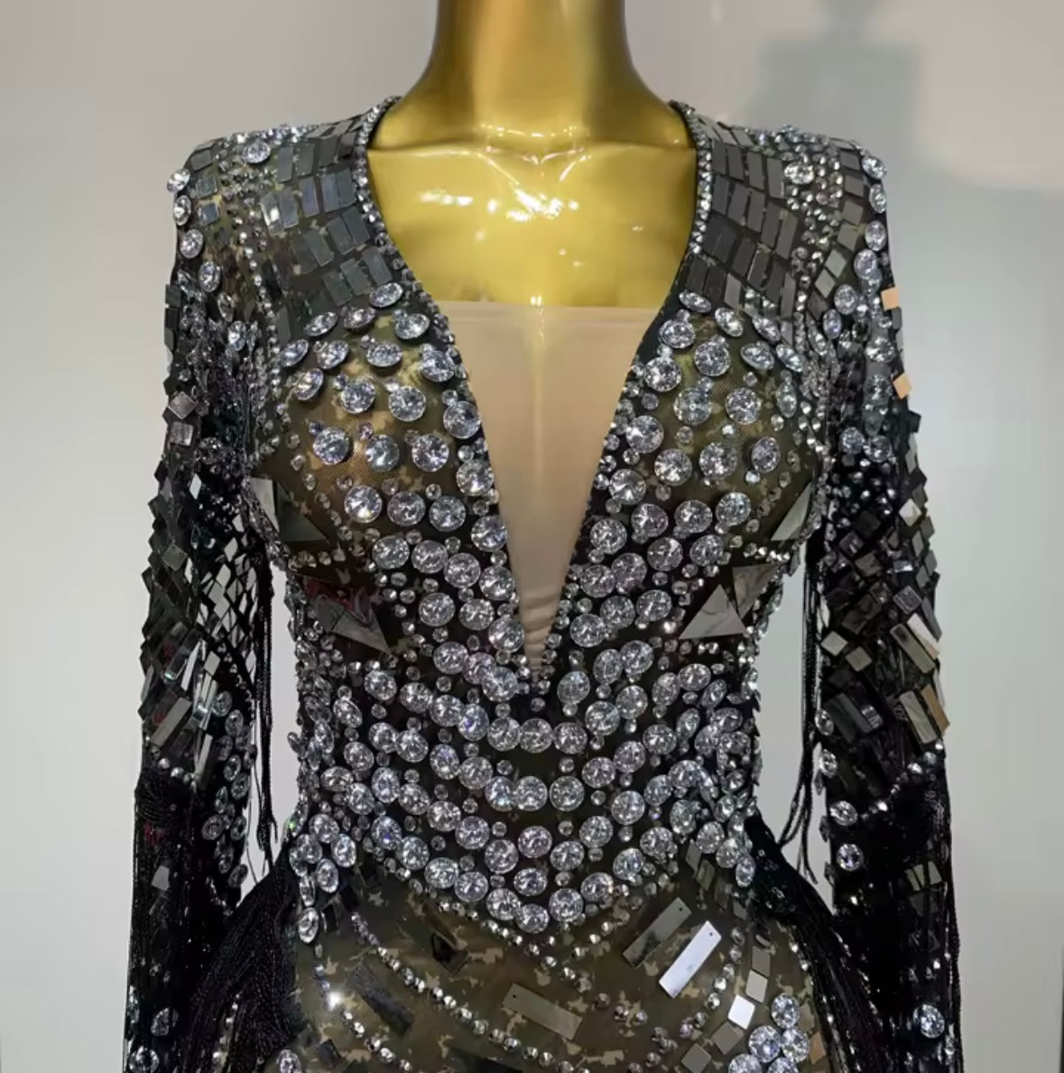 Sexy Rhinestone Mirror Full Sleeve Fringe Dress
