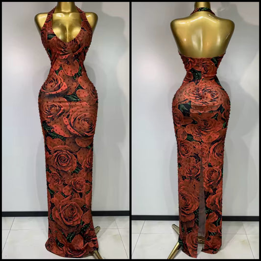 Sexy Halter Sleeveless Floral Rhinestone Maxi Dress