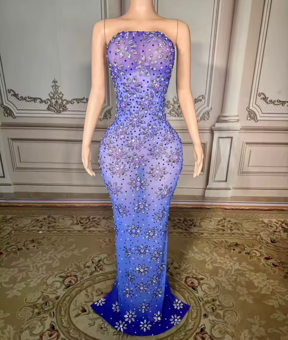 Blue Sexy Strapless Floral Rhinestone Maxi Dress