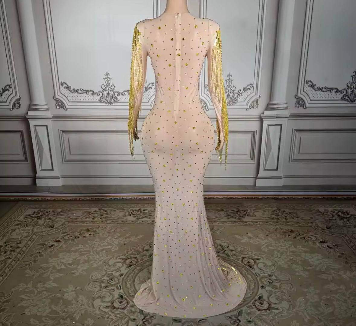 Rhinestone Embellishment Full Sleeve See Through Maxi Dress