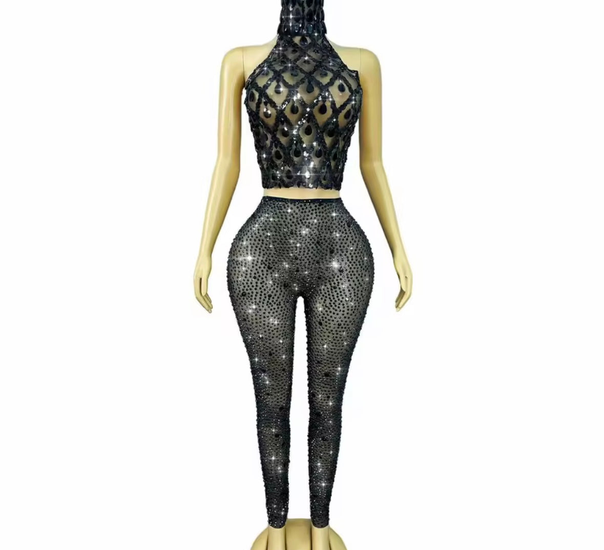 Sexy Halter Sleeveless Crystal See Through Pant Set