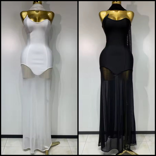 Scarf Strapless Mesh Patchwork Sexy Floor-Length Dress