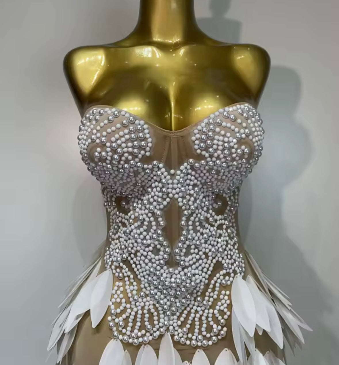 White Beaded Pearl Strapless Side Split Sexy Maxi Dress