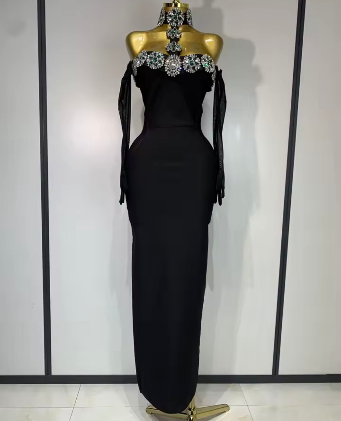 Elegant Black Crystal Rhinestone Choker Strapless Maxi Dress