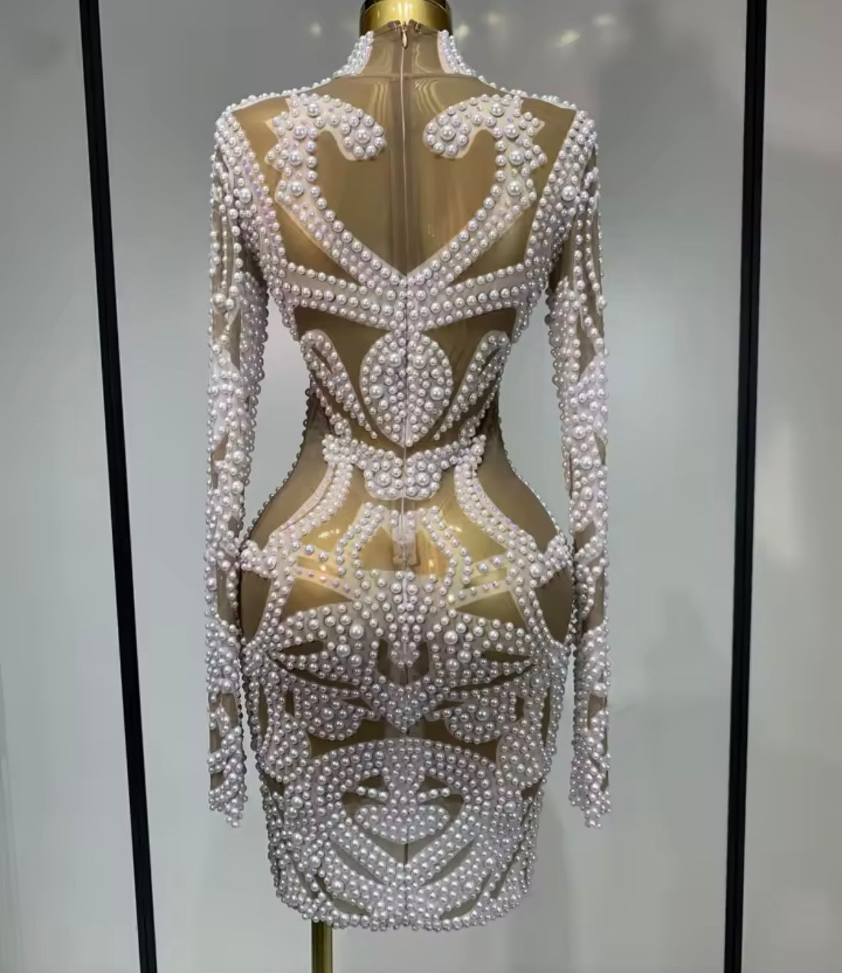 Sexy Pearl Embellishment Full Sleeve Short Dress