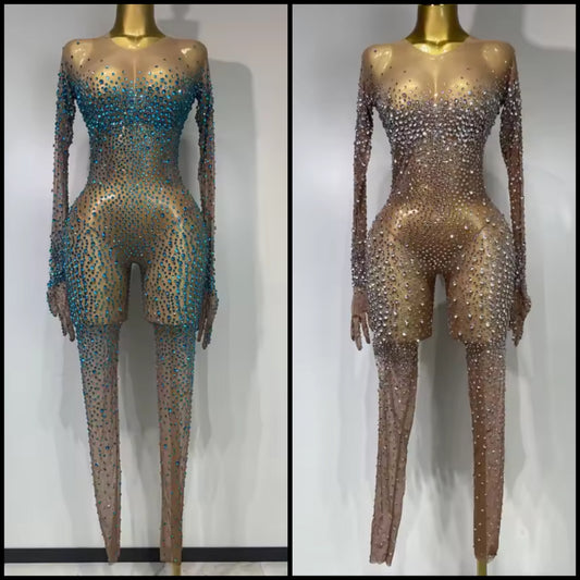 Sexy See Through Rhinestone Full Sleeve Jumpsuit