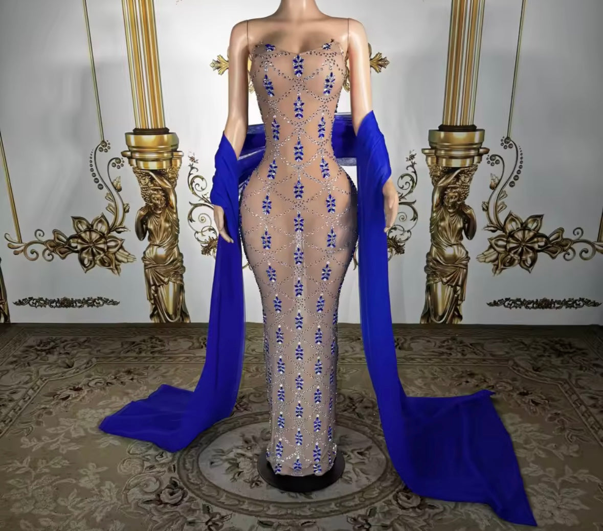 Elegant Strapless Blue Rhinestone See Through Maxi Dress