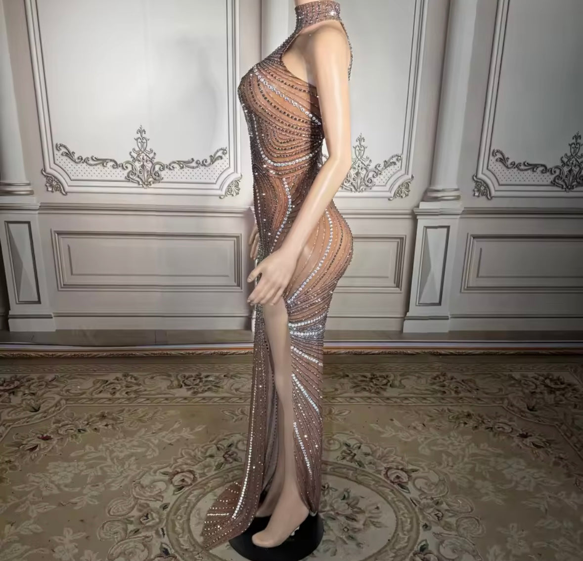Sexy Sleeveless Hollow Out Rhinestone Side Split Maxi Dress