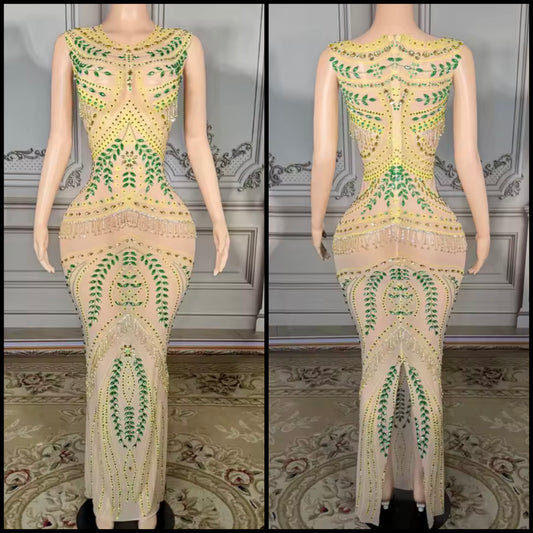 Sexy Sleeveless Green Rhinestone Embellishment Maxi Dress