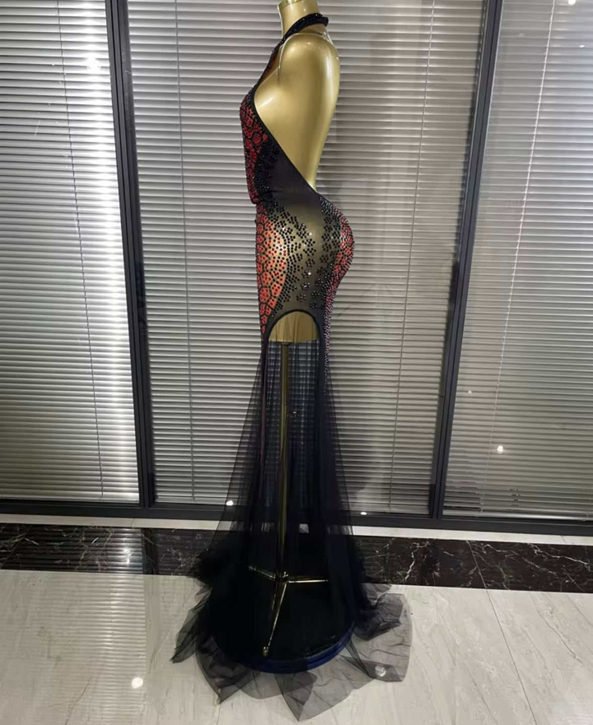 Sexy Halter Sleeveless Snake Print Rhinestone Mesh Maxi Dress