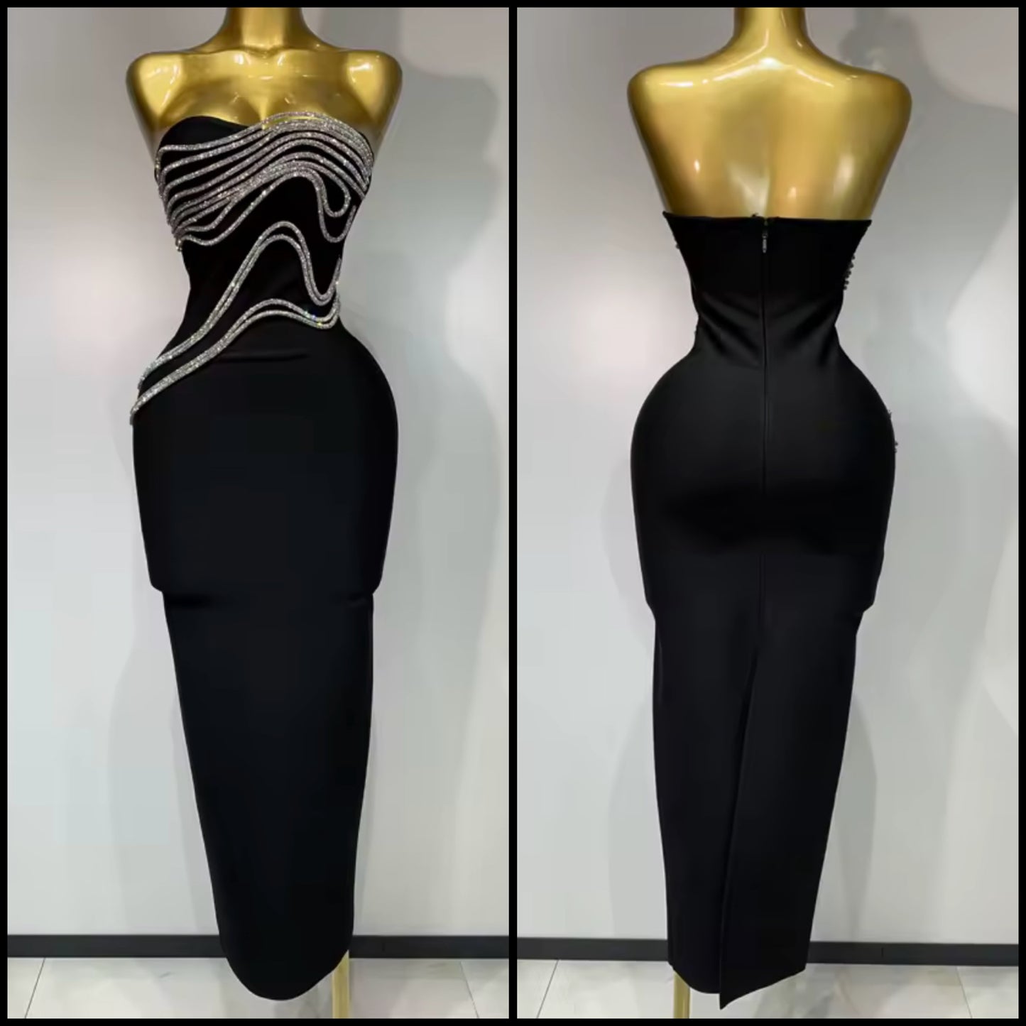 Sexy Black Strapless Rhinestone Embellishment Maxi Dress