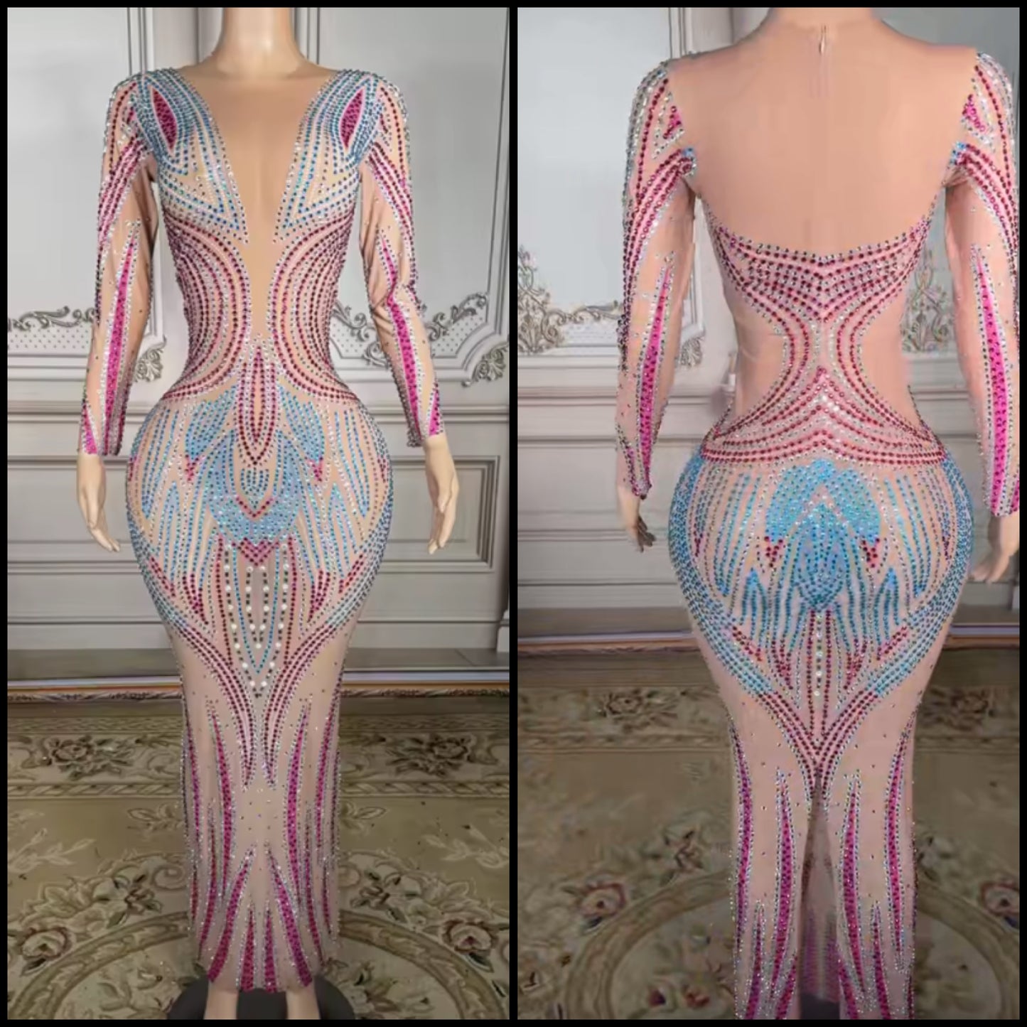 Sexy See Through Colorful Rhinestone Full Sleeve Maxi Dress