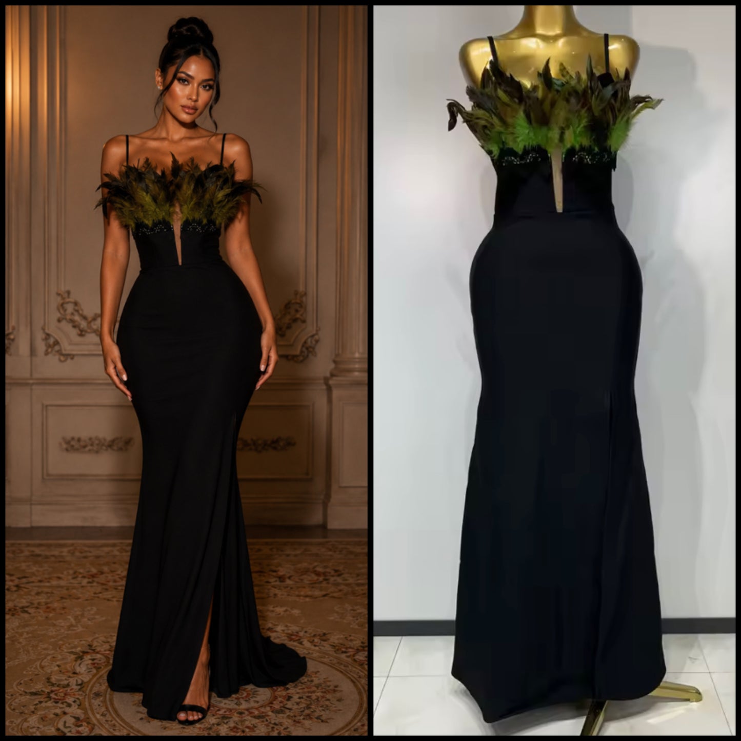 Black Elegant Feather Sleeveless Floor-Length Dress