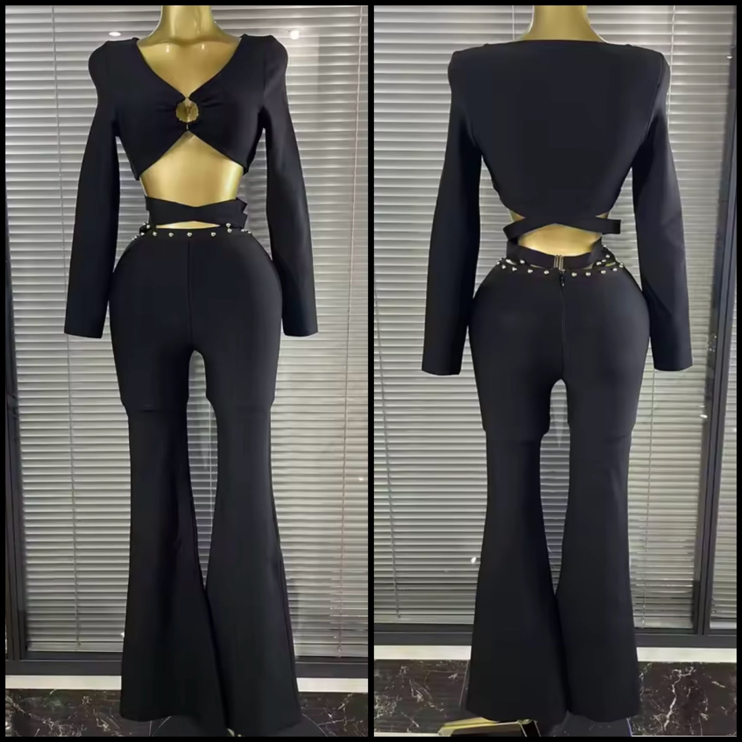 Sexy Black Rivet Full Sleeve Crop Pant Set
