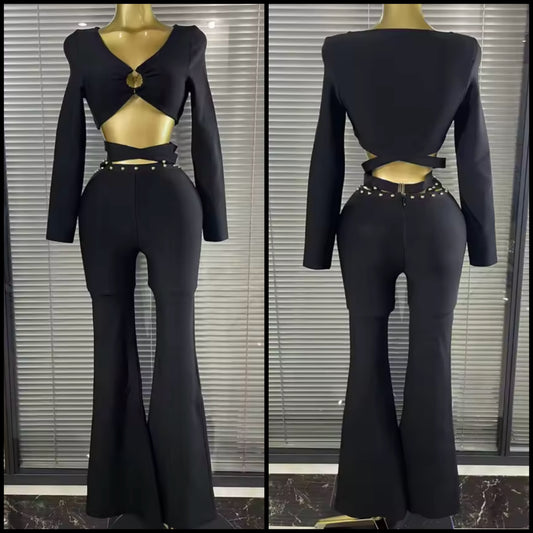 Sexy Black Rivet Full Sleeve Crop Pant Set