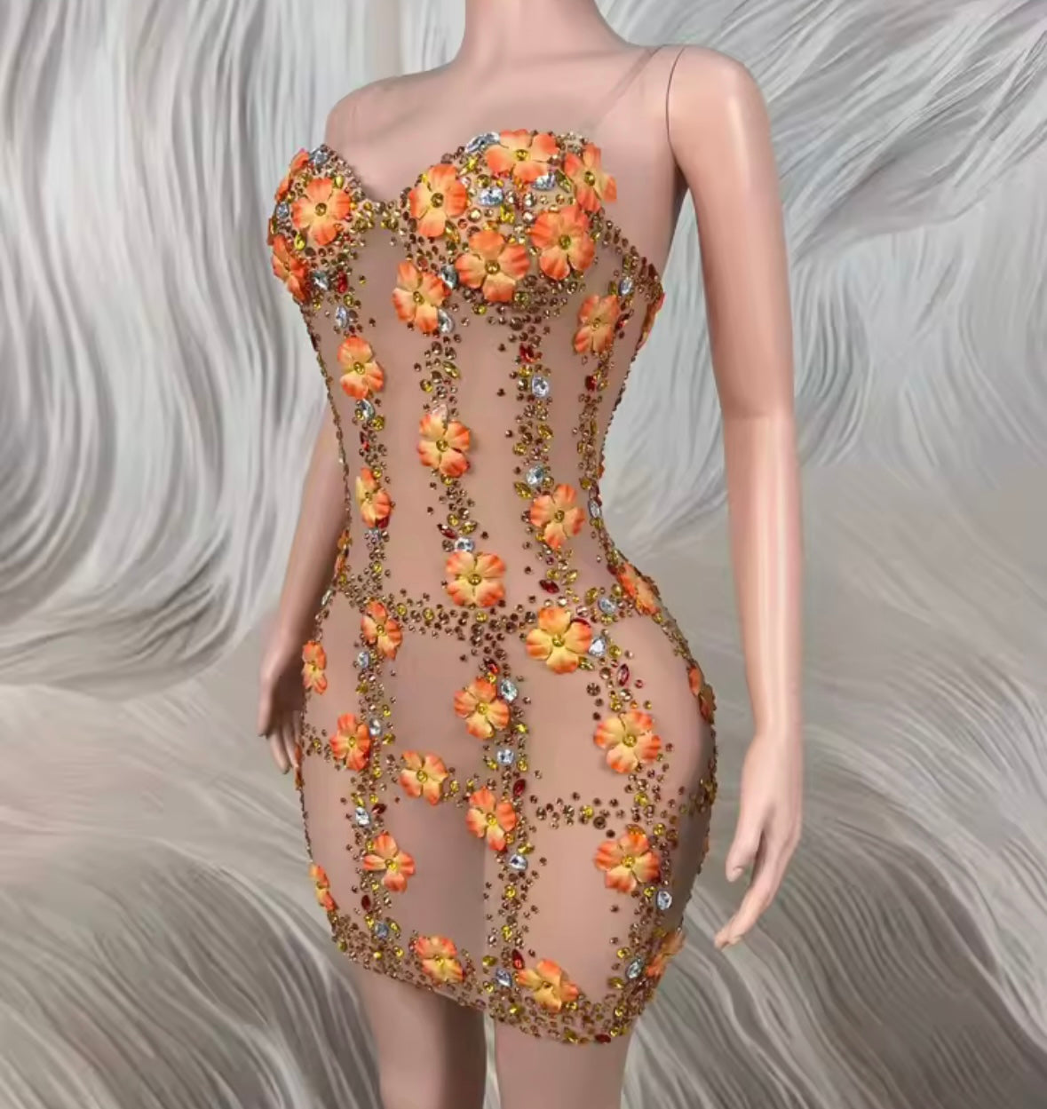 Sexy Sleeveless Rhinestone Orange Floral See Through Dress