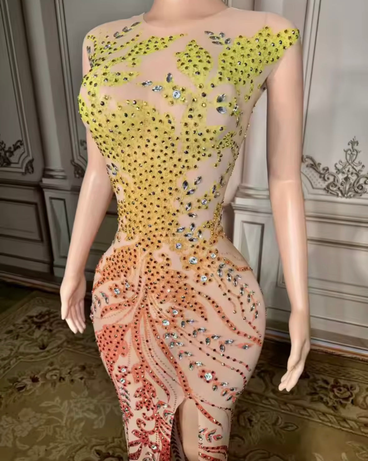 Sexy Sleeveless Multicolored Rhinestone Maxi Dress