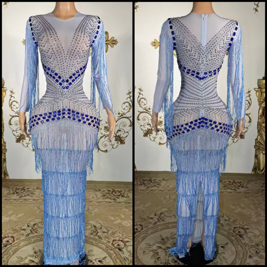 Blue Elegant Rhinestone Tassel Full Sleeve Maxi Dress