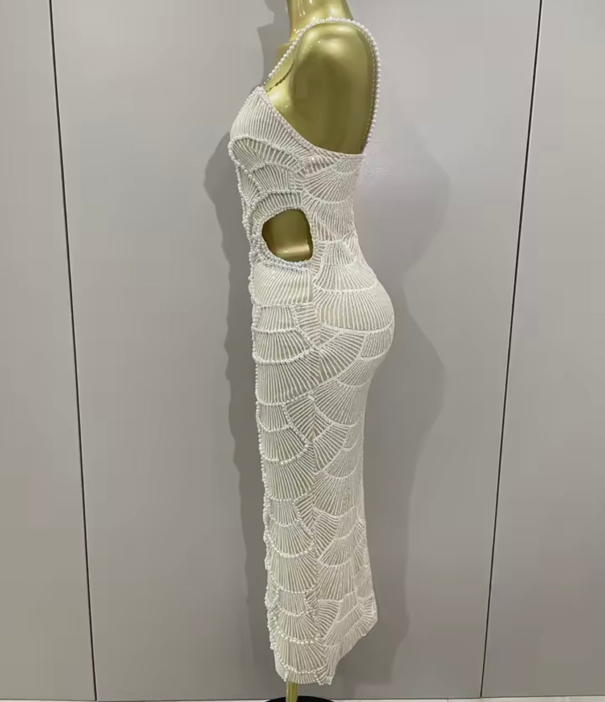 Sexy Sleeveless Pearl Beaded Sequins Hollow Out Dress