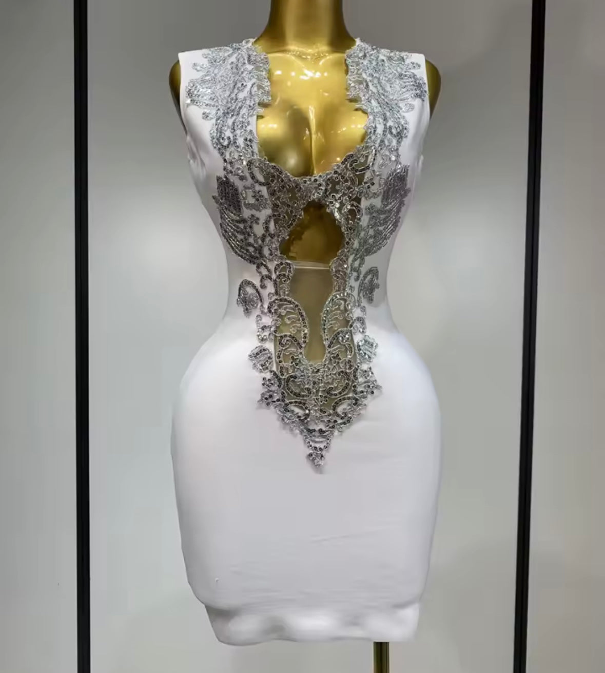 White Sleeveless Sequins Cut Out Sexy Dress