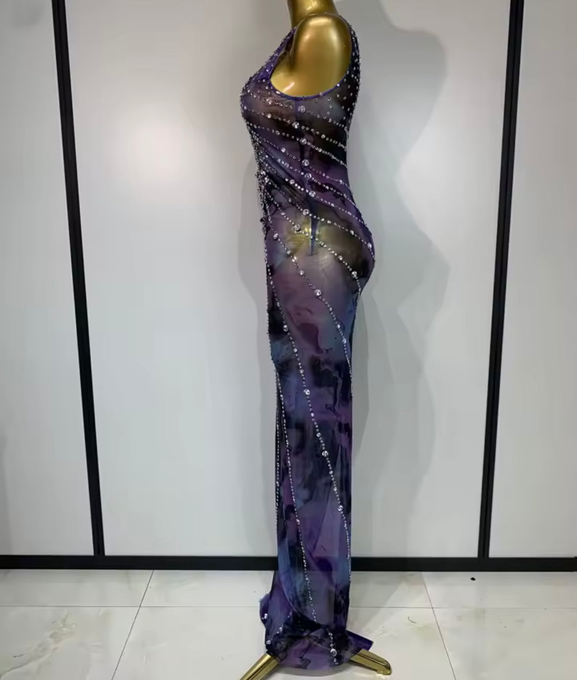 Sexy Sleeveless See Through Gradient Rhinestone Maxi Dress