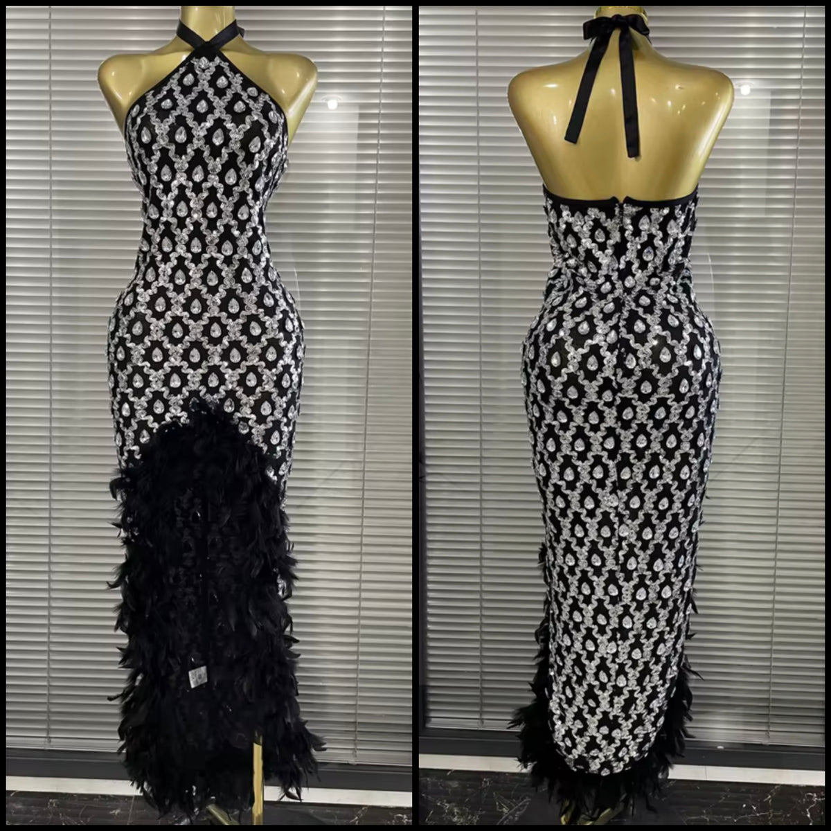 Sexy Black Halter Sleeveless Rhinestone Feather Maxi Dress