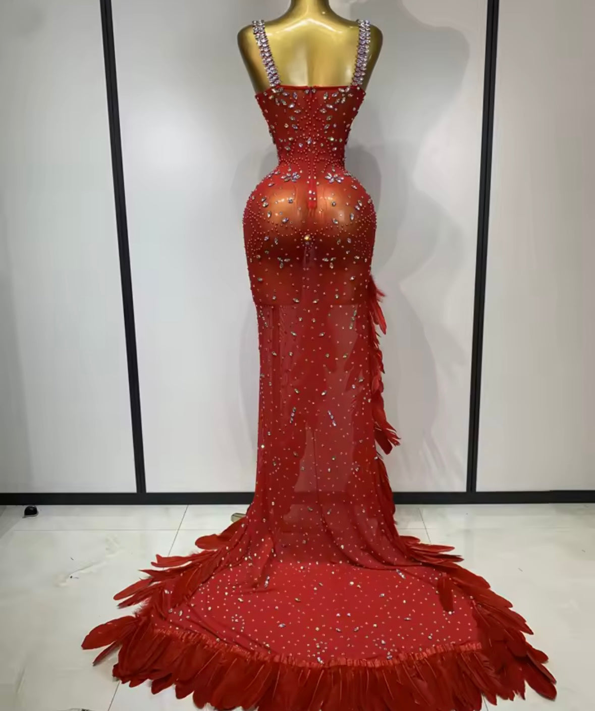 Red Sexy Sleeveless Rhinestone Feather Floor-Length Dress